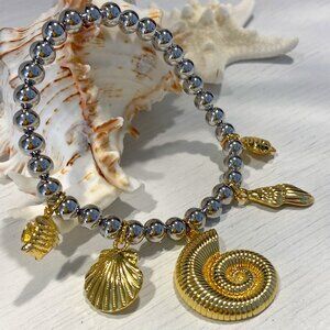 18K Gold Plated Copper Seashell and Fish Charm Bracelet